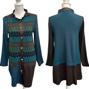 ANAC by Kimi Teal Brown Knit Long Art to Wear Cardigan Avant Garde Boho Medium